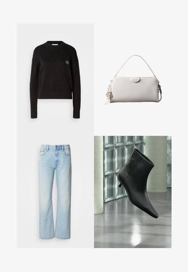 Sort strikket sweater med rund hals, ribbede manchetter og kant. Har et lille firkantet logo-patch på venstre bryst. Casual fit.; Lyseblå brede jeans lavet af denim med et klassisk fem-lomme design og en subtil falmet tekstur. Denim-syninger er synlige.; Sort læderankelstøvle med spids tå og lav kitten-hæ, vist vinklet mod en poleret gulv- og glasblokvæg.; Hvid rektangulær Calvin Klein håndtaske med enkelt håndtag, minimalistisk design og dekorative kvaster med geometrisk metalvedhæng på siden.