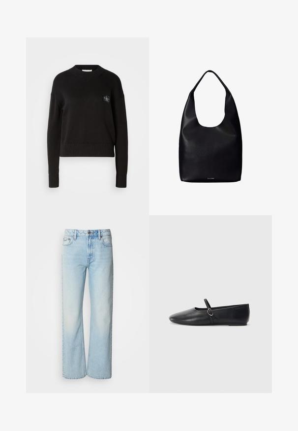 Suéter de punto negro con cuello redondo, puños acanalados y dobladillo. Presenta un pequeño parche de logo cuadrado en el lado izquierdo del pecho. Corte casual.; Vaqueros de pierna ancha azul claro confeccionados en denim, con un diseño clásico de cinco bolsillos y una sutil textura deslavada. La costura del denim es visible.; Bailarinas de cuero negro con punta afilada, suela plana y una pequeña correa con detalle de hebilla plateada.; Bolso tote de cuero negro con una única correa ancha para el hombro y un sutil logo de Calvin Klein en el centro inferior.