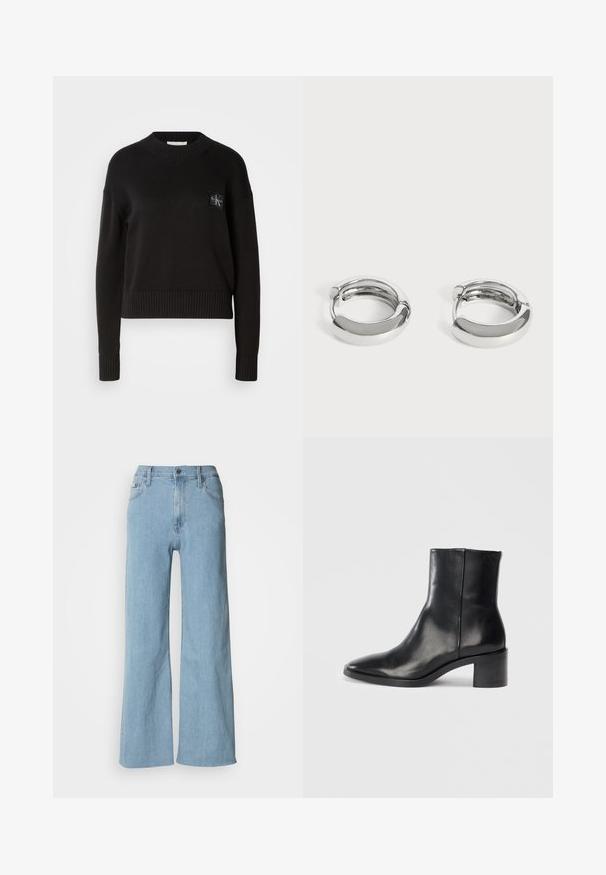 Sort strikket sweater med rund hals, ribbede manchetter og kant. Har et lille firkantet logo-patch på venstre bryst. Casual fit.; Lyseblå vidde jeans lavet af denim, med en tætsiddende talje, fem-lomme design og subtile syningsdetaljer.; Sorte læderankelstøvle med spids tå, lav blokhæl og subtilt præget logo. Glat tekstur med et elegant design og minimal søm.; Par små, skinnende sølv hoops med glatte, afrundede overflader på en ensfarvet hvid baggrund.