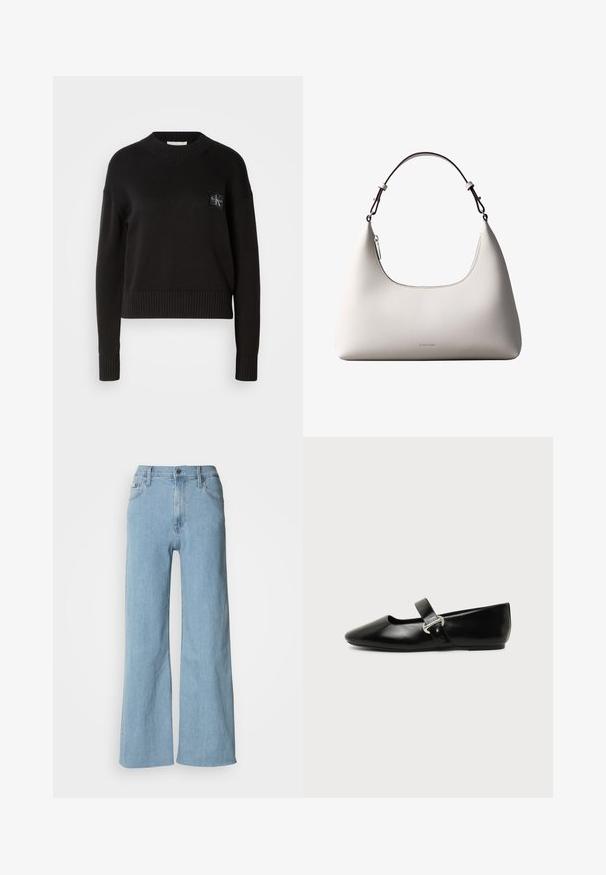 Sort strikket sweater med rund hals, ribbede manchetter og kant. Har et lille firkantet logo-patch på venstre bryst. Casual fit.; Lyseblå vidde jeans lavet af denim, med en tætsiddende talje, fem-lomme design og subtile syningsdetaljer.; Sort læder Mary Jane-flad sko med rundet tå og sølvspænde på ensfarvet baggrund.; Cremefarvet skuldertaske i læder fra Calvin Klein med buet topkant, sølvfarvet lynlås og mørkebrun justerbar rem.