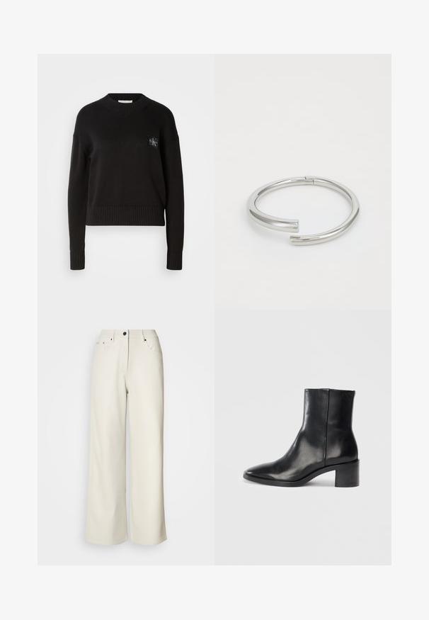 Sort strikket sweater med rund hals, ribbede manchetter og kant. Har et lille firkantet logo-patch på venstre bryst. Casual fit.; Cremefarvede bukser med brede ben lavet af glat stof. Har en mellemhøj talje, lynlås i gulvet og to frontlommer med sorte hardware accenter.; Sorte læderankelstøvle med spids tå, lav blokhæl og subtilt præget logo. Glat tekstur med et elegant design og minimal søm.; Calvin Klein SPIRAL - Armbånd - silver-coloured