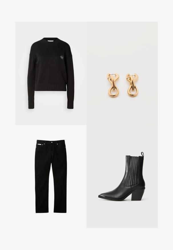 Pull en tricot noir avec un col rond, des poignets et un ourlet côtelés. Présente un petit patch logo carré sur la poitrine gauche. Coupe décontractée.; Jean en denim noir à coupe droite, doté d'une fermeture par bouton et zip, de cinq poches, et d'une petite étiquette logo sur la ceinture.; Botte noire en cuir jusqu'à la cheville avec un bout pointu, des panneaux latéraux côtelés, et un talon épais, sur un fond en carreaux texturés.; Paire de boucles d'oreilles créoles en bouclettes dorées brillantes sur fond blanc uni, présentant un design torsadé entrelacé.
