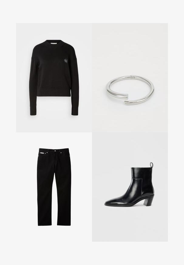 Suéter de punto negro con cuello redondo, puños acanalados y dobladillo. Presenta un pequeño parche de logo cuadrado en el lado izquierdo del pecho. Corte casual.; Pantalones vaqueros de mezclilla negra con diseño de pierna recta, con cierre de botón y cremallera, cinco bolsillos y una pequeña etiqueta con el logo en la cinturilla.; Botín de piel negra hasta el tobillo con punta afilada, tacón apilado geométrico y una lengüeta en la parte posterior. Textura suave y diseño elegante.; Calvin Klein SPIRAL - Pulsera - silver-coloured