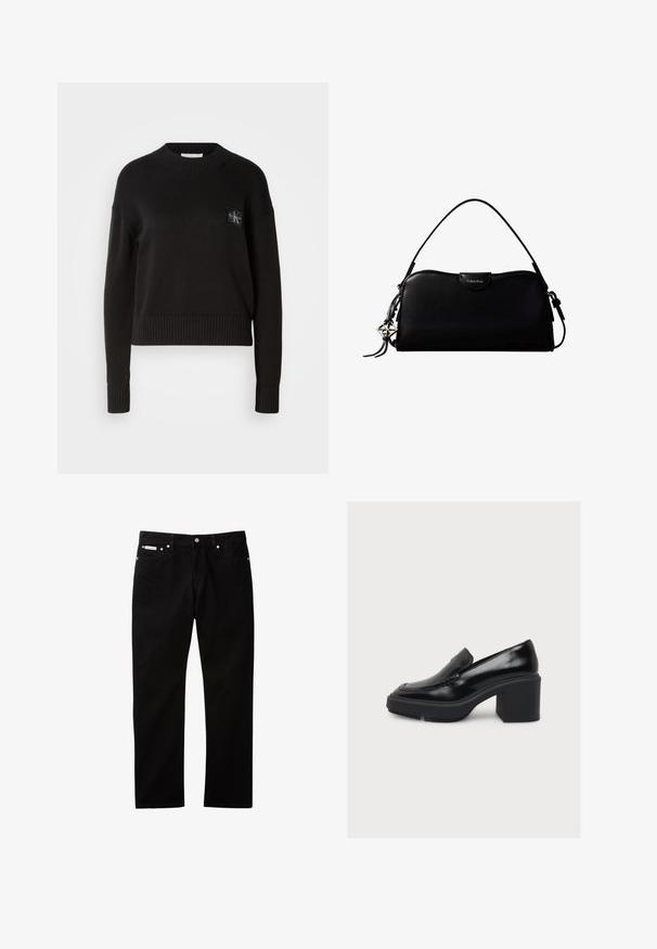 Suéter de punto negro con cuello redondo, puños acanalados y dobladillo. Presenta un pequeño parche de logo cuadrado en el lado izquierdo del pecho. Corte casual.; Pantalones vaqueros de mezclilla negra con diseño de pierna recta, con cierre de botón y cremallera, cinco bolsillos y una pequeña etiqueta con el logo en la cinturilla.; Mocasín de cuero negro con tacón alto grueso y suela de plataforma, mostrado de perfil sobre un fondo blanco liso.; Bolso rectangular negro de Calvin Klein con una única correa superior, dije con el logo plateado y un pequeño cierre de solapa en la parte frontal.