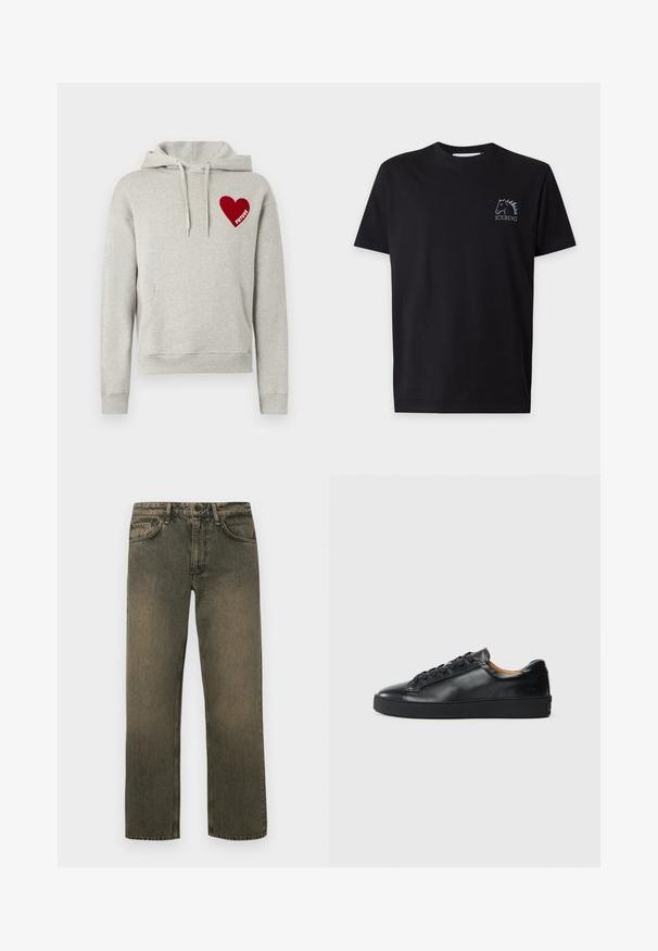 Sweat à capuche gris en tissu doux, avec une poche kangourou, une capuche à cordon de serrage, et un patch cœur rouge portant le mot "FUTURE" en blanc.; T-shirt noir à manches courtes avec une petite tête de cheval brodée et le mot "ICEBERG" sur la partie gauche de la poitrine.; Jeans décontractés vert brun avec une coupe droite, dotés de cinq poches, d'une fermeture à bouton et à glissière, et d'une texture décolorée.; Baskets en cuir noir avec une texture lisse, bout rond et fermeture à lacets. Comprend une semelle en caoutchouc épaisse et un minimum de détails de marque.