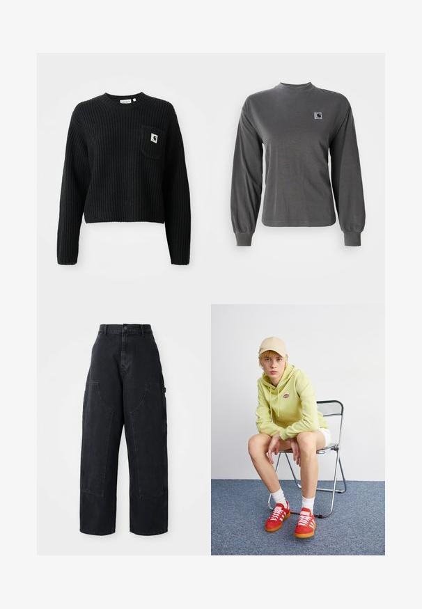 Pull en maille côtelée noir avec un col rond, des manches longues et une poche avant arborant un petit patch logo. Longueur cropped.; T-shirt à manches longues gris en coton, avec un col rond et des poignets élastiques, arborant un petit logo carré sur la poitrine.; Pantalons cargo larges en denim noir à taille haute, avec deux grandes poches avant et une fermeture à bouton à la taille. Texture lisse, design décontracté.; Un sweat à capuche vert clair avec logo, un short blanc, des baskets rouges avec rayures blanches, assis sur une chaise pliante en chrome contre un fond neutre.
