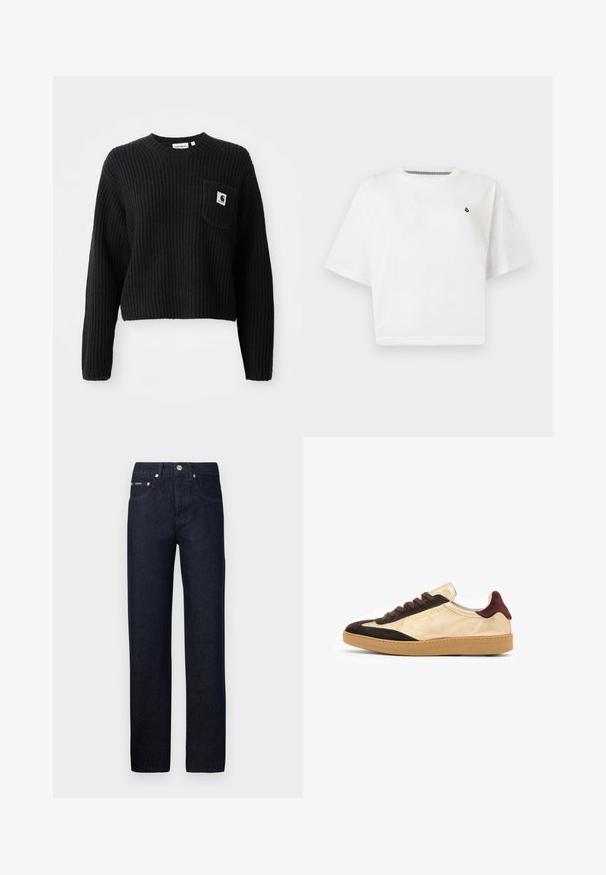 Suéter de punto canalé negro con cuello redondo, mangas largas y un bolsillo frontal con un pequeño parche de logo. Longitud corta.; Camiseta blanca de manga corta y corte corto con pequeño logo negro en el pecho izquierdo, cuello redondo y ajuste holgado sobre fondo liso.; Vaqueros de mezclilla azul oscuro con un diseño de pierna recta, estilo de cinco bolsillos y cierre de botón metálico. Fabricados con una resistente tela de algodón.; Zapatillas de ante de bajo corte en dorado y negro con cordones marrones, suela de goma texturizada y detalle del logo en el lado exterior.