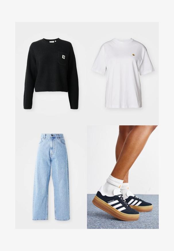 Pull en maille côtelée noir avec un col rond, des manches longues et une poche avant arborant un petit patch logo. Longueur cropped.; T-shirt en coton blanc avec une coupe décontractée, des manches courtes et un petit logo brodé sur la poitrine gauche.; Jeans en denim bleu clair taille haute avec des jambes droites larges, fermeture à bouton à l'avant, fermeture éclair et poches avant et arrière.; Jambes portant des chaussettes blanches et des baskets Adidas Gazelle noires avec des bandes blanches et des semelles épaisses marron sur un sol recouvert de moquette grise.
