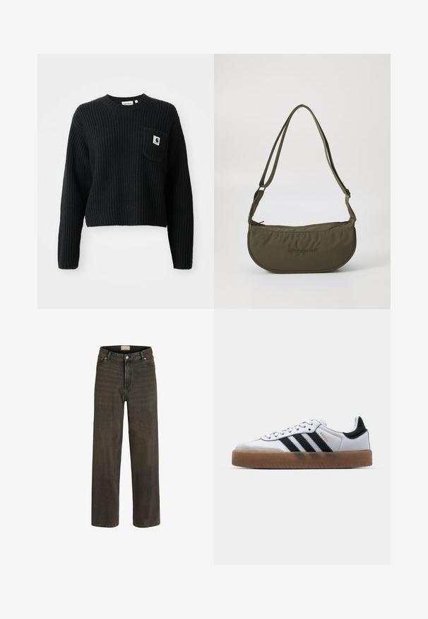 Pull en maille côtelée noir avec un col rond, des manches longues et une poche avant arborant un petit patch logo. Longueur cropped.; Jeans à jambes larges en denim vert olive foncé, avec un design classique à cinq poches, une fermeture à bouton et un léger délavage pour plus de texture.; Baskets en cuir blanc avec des rayures noires, semelle extérieure en caoutchouc beige, bout rond, fermeture lacée et embout en suède gris doux.; Sac à épaule vert olive en forme incurvée, fabriqué en tissu doux, doté d'une fermeture éclair en haut, de sangles ajustables et d'un logo en relief.