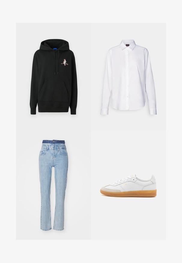 Sort hætte sweatshirt med en frontlomme. Har et farverigt broderet design på brystet. Lavet af blødt, struktureret stof.; Hvid langærmet skjorte med knapper lavet af bomuld. Har en klassisk krave og diskret mærke-broderi på brystet. Glat tekstur.; Lyseblå denim jeans med høj talje, let udvidede ben og et mønstret blåt bælte. Har forlommer og knappelukning.; Hvide lædersneakers med beige ruskindsdetaljer, gummisål og snøredesign. Har diskret branding i guld.