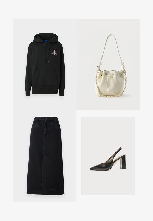 Sort hætte sweatshirt med en frontlomme. Har et farverigt broderet design på brystet. Lavet af blødt, struktureret stof.; Sort denim midi nederdel med en lige pasform, frontlukning med knapper og sidelommer med diskrete syninger.; Sort dameslingback pumpe i læder med spids tå og tyk høj blokhæl på hvid baggrund.; Hvid læder bucket-taske med snørelukning, flettet kæde og læder skulderrem samt guldfarvede øjer.