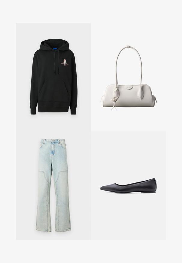 Sort hætte sweatshirt med en frontlomme. Har et farverigt broderet design på brystet. Lavet af blødt, struktureret stof.; Lyseblå denim jeans med en løs pasform, brede ben og forlommes. Har en knappelukning og bæltestropper.; Sort flad lædersko med spidst tåparti og lav hæl, vist i sideprofil mod en hvid baggrund.; Hvid Calvin Klein skuldertaske med lange håndtag, rektangulær form, lynlåslukning og dekorativt logohæng tæt på håndtaget.