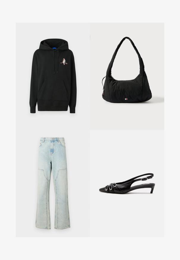Sweat-shirt à capuche noire avec une poche avant. Présente un motif brodé coloré sur la poitrine. Fabriqué en tissu doux et texturé.; Jean en denim bleu clair avec une coupe ample, des jambes larges et des poches avant à rabat. Il possède une fermeture à bouton et des passants de ceinture.; Chaussure slingback en cuir noir avec bout pointu, trois boucles argentées à l'avant et petit talon kitten sur fond blanc.; Sac d'épaule en nylon noir avec une poignée incurvée, une poche zippée et un petit logo à l'avant ; texture matelassée avec une forme douce et arrondie.