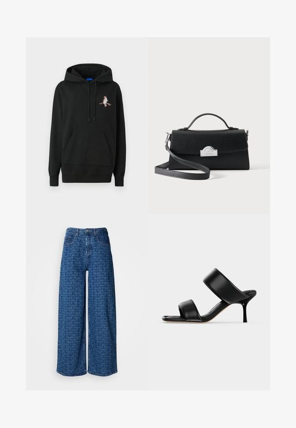 Sort hætte sweatshirt med en frontlomme. Har et farverigt broderet design på brystet. Lavet af blødt, struktureret stof.; Bredde ben, blå denim jeans med et gentaget præget logo-mønster. Har et klassisk fem-lomme design og knaplukning.; Sort læder mule sandal med to brede remme og en slank mellemhøj stiletthæl på en ensartet lys baggrund.; Sort rektangulær håndtaske med top-håndtag, aftagelig skulderrem, tekstureret overflade og sølv metalspænde på frontklappen.