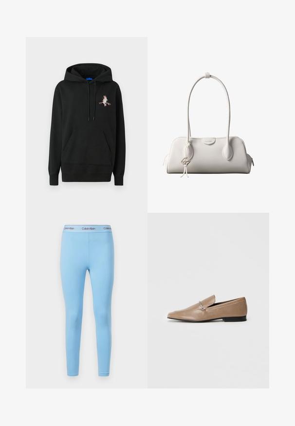 Sort hætte sweatshirt med en frontlomme. Har et farverigt broderet design på brystet. Lavet af blødt, struktureret stof.; Blå leggings lavet af glat, strækbart stof med en ensfarvet farve og en talje med "Calvin Klein" logo i kontrastfarver.; Tan læder loafers med spids tå, dekorativt sølv hardware-element og en lav sort hæl. Glat tekstur og minimalistisk design.; Hvid Calvin Klein skuldertaske med lange håndtag, rektangulær form, lynlåslukning og dekorativt logohæng tæt på håndtaget.