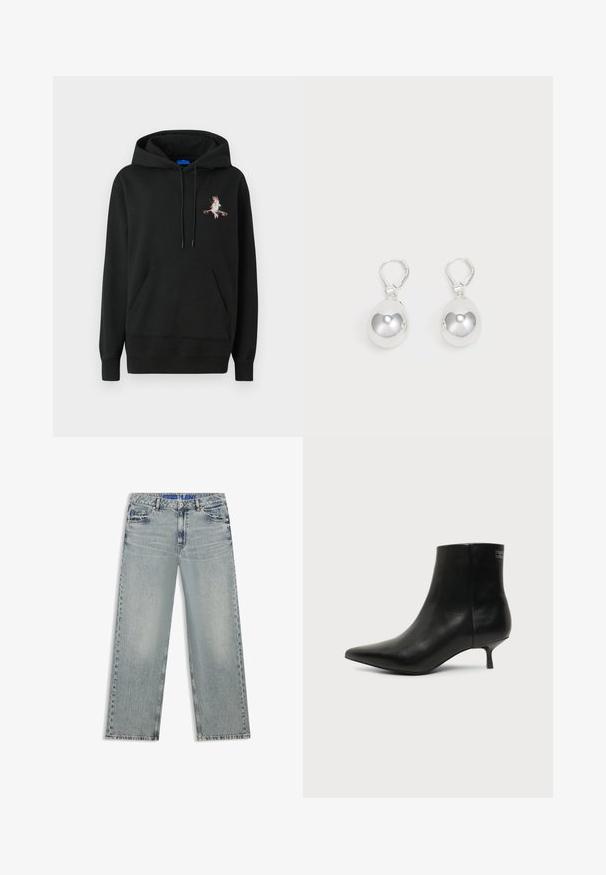 Sort hætte sweatshirt med en frontlomme. Har et farverigt broderet design på brystet. Lavet af blødt, struktureret stof.; Lyseblå jeans med vide ben lavet af denim, med udvaskede områder, fem lommer og en blå mærket taljebånd.; Sort læder ankelstøvle med spids tå og lav kitten hæl på lys baggrund, der viser yderside.; Sølv dråbeøreringe med glatte, runde, reflekterende overflader hængende fra svingelukkede låse. Baggrunden er helt hvid.