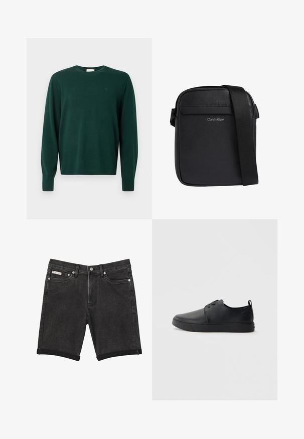 Donkergroen, langharig trui gemaakt van zachte gebreide stof. Heeft een ronde halslijn en een subtiele logodetail op de borst.; Zwarte denimshorts met omgeslagen zomen, sluiting met knoop en rits aan de voorkant, riemlussen en voorzakken op een effen achtergrond.; Zwarte leren sneaker met een gladde afwerking, ronde neus, tonale stiknaden, vetersluiting aan de voorkant en een vlakke rubberen zool. Lussje aan de hak.; Zwarte Calvin Klein crossbodytas met een gestructureerd oppervlak en verstelbare schouderriem.
