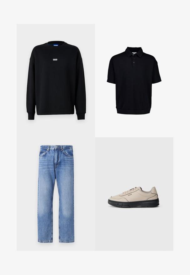Sudadera negra de mezcla de algodón, con mangas largas, escote redondo y una pequeña etiqueta de logo blanca en el pecho.; Polo negra hecha de tejido suave, con cuello, tres botones, mangas cortas y un dobladillo recto con un corte relajado.; Jeans de mezclilla azul claro con un diseño de pierna recta, cinco bolsillos, costuras en contraste y un acabado ligeramente desgastado. Cierre de botón y cremallera.; Zapatillas de cuero beige con suela de goma negra, punta redonda y cordones planos. Presentan costuras sutiles y un logotipo en el costado.