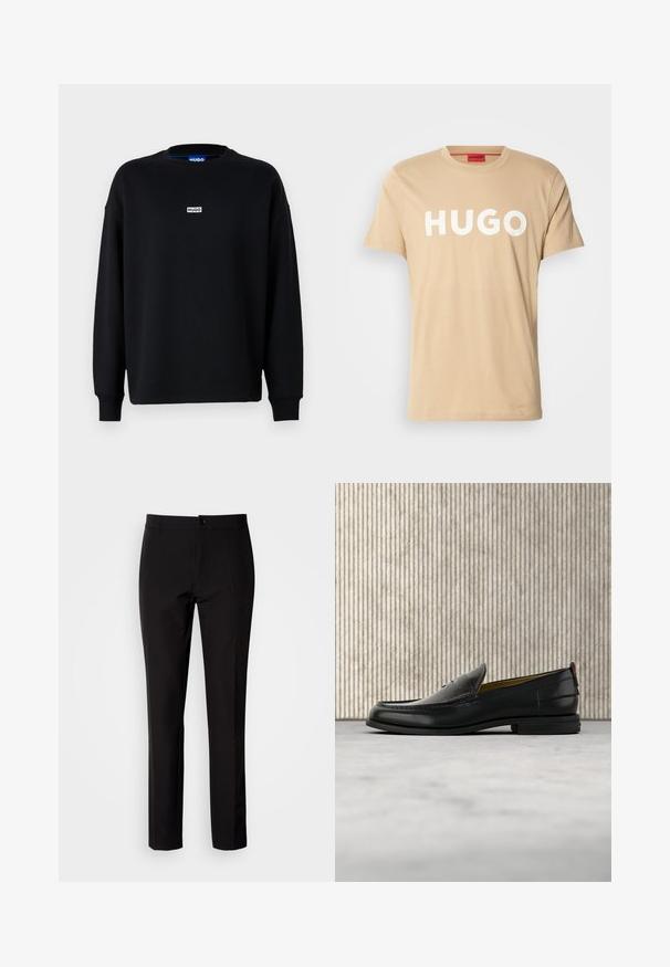 Sort sweatshirt lavet af bomuldsblanding, med lange ærmer, rund halsudskæring og et lille hvidt logo på brystet.; Beige bomulds T-shirt med rund hals, korte ærmer og et markant hvidt "HUGO" logo på forsiden. Glat tekstur, afslappet design.; Sorte bukser lavet af glat stof, med lige ben, lukkes med knapper foran og har diskrete sidelommer. Enkelt og skræddersyet udseende.; Sort læder herreloafer med krokodillepræget forstykke og lav hæl, vist i profil på en neutral baggrund.