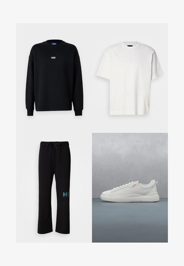 Zwarte sweatshirt van een katoenmix, met lange mouwen, een ronde hals en een klein wit logolabel op de borst.; Witte katoenen t-shirt met een ronde hals, korte mouwen en een reliëf ronder logo op de linkerborst. Gladde textuur en reguliere pasvorm.; Zwarte joggingbroek met een trekkoord in de taille, voorzien van een wijde pijp en turquoise "HUGO" tekst op het linkerbeen. Zachte stoftextuur.; Witte sneaker met een gladde leren afwerking, ronde neus, vier veterogen, subtiele perforaties en een rood logo detail aan de zijkant.