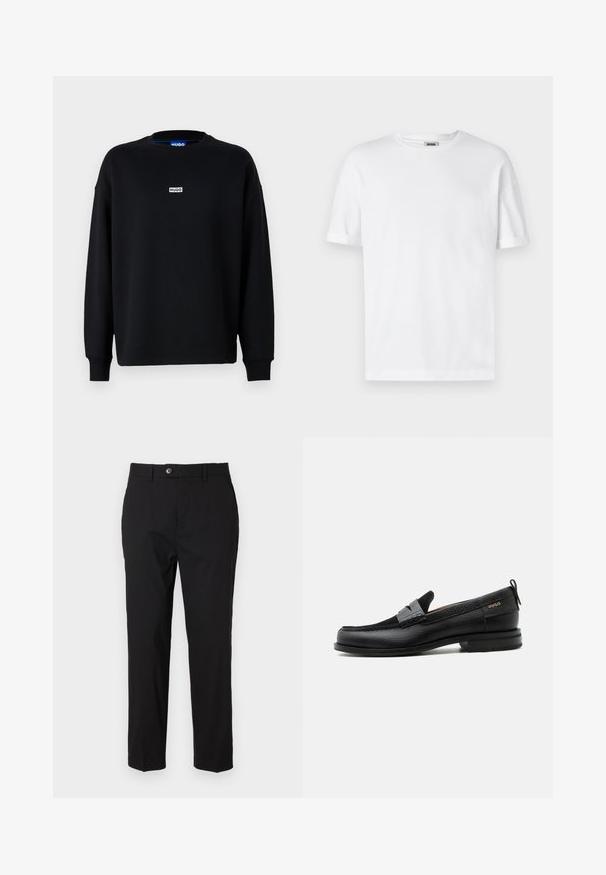 Sort sweatshirt lavet af bomuldsblanding, med lange ærmer, rund halsudskæring og et lille hvidt logo på brystet.; Hvid bomulds T-shirt med rund hals, korte ærmer og oprevet manchetter; enkel design, blød tekstur og lige snit.; Sorte bukser lavet af glat stof, med knaplukning, bælteholdere og to sidelommer. Lige ben-udsnit med minimal detaljering.; Sort læderloafer med grå remdetalje, lav hæl og tekstureret sål, mærket med "HUGO" i guld på siden.