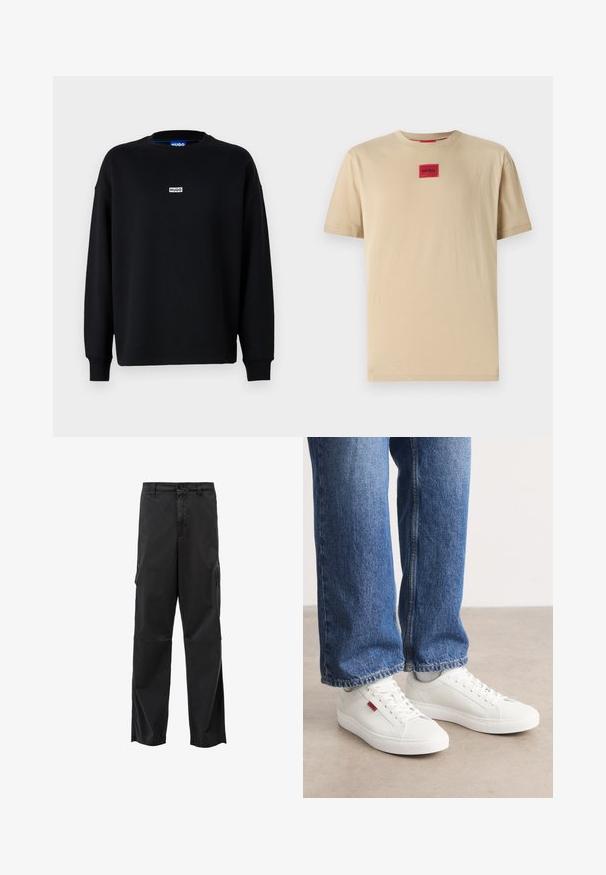 Sort sweatshirt lavet af bomuldsblanding, med lange ærmer, rund halsudskæring og et lille hvidt logo på brystet.; Beige bomulds T-shirt med en afslappet pasform, der har et lille rødt "HUGO" logo-patch i midten og en klassisk crew neck.; Sorte cargo bukser med lige skæring, knaplukning og sidelommer. Glat stof med mat finish og uden synlige mønstre.; Hvide sneakers med en glat overflade, rund tå og flad sål. Accompaneret af blå denim jeans med en lige pasform og synlige sømme.