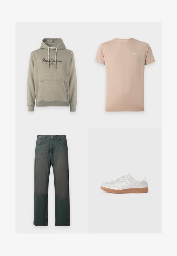 Sweat à capuche gris clair avec poche avant, cordons blancs et "Pepe Jeans London" imprimé sur la poitrine en gris foncé.; T-shirt beige manches courtes à col rond avec petit logo blanc « Pepe Jeans » sur la partie haute gauche de la poitrine.; Jean en denim vert foncé avec une coupe droite, doté d'un design classique à cinq poches et de coutures contrastantes le long des coutures.; Baskets argentées avec une texture lisse, un design à lacets, des accents perforés et une semelle en caoutchouc marron texturé.