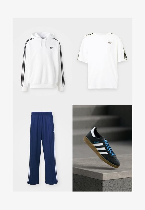 Witte hoodie met een voorzak, een trekkoordkap en zwart Adidas-logo. Heeft zwarte strepen langs de mouwen. Zachte stofstructuur.; Witte katoenen t-shirt met korte mouwen, voorzien van zwarte drie-strepen accenten op de schouders en een klein zwart logo op de borst.; Marineblauwe sportbroek met een ontspannen pasvorm, voorzien van witte zijstrepen en een elastische tailleband. Soepele stof, geen zichtbare patronen of hardware.; Zwarte Adidas-sneaker met witte strepen, blauwe veters en een gumzool die boven een grijze betonnen trede zweeft in zacht licht.
