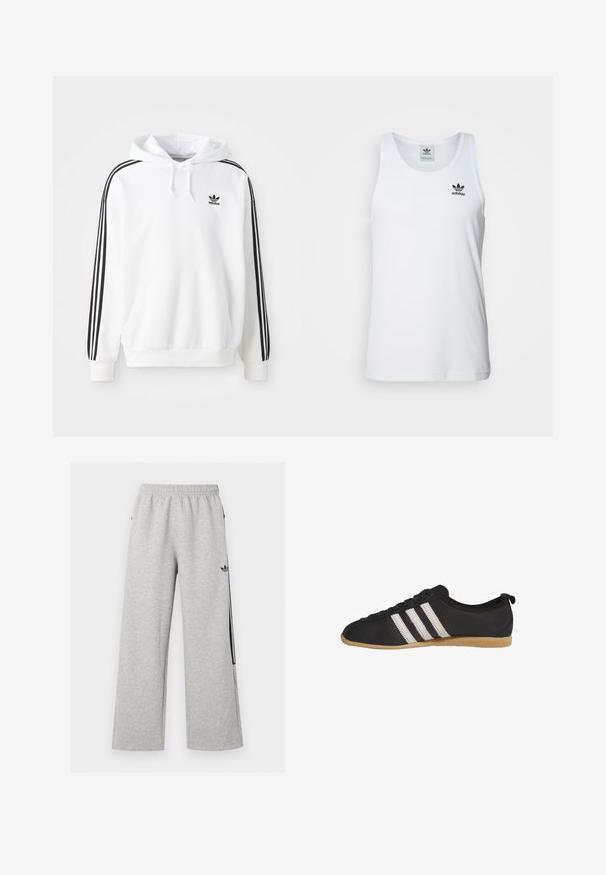 Witte hoodie met een voorzak, een trekkoordkap en zwart Adidas-logo. Heeft zwarte strepen langs de mouwen. Zachte stofstructuur.; Witte geribde tanktop met ronde hals, zwarte Adidas-logo op de linkerborst en zonder mouwen. Zachte katoenen stof, casual pasvorm.; Lichtgrijze wijde joggingbroek met elastische tailleband en zwart Adidas trefoil-logo op de rechterdij.; Zwarte lage sneaker met witte strepen en bruine rubberen zool, zijaanzicht op een witte achtergrond.