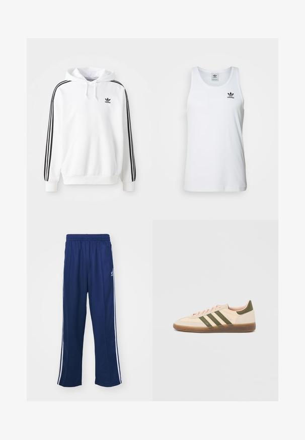Weißer Hoodie mit einer vorderen Kängurutasche, Kapuze mit Zugband und schwarzem Adidas-Logo. Mit schwarzen Streifen an den Ärmeln. Weicher Stoff.; Weißes geripptes Tanktop mit Rundhalsausschnitt, schwarzem Adidas-Logo auf der linken Brust und ohne Ärmel. Weiches Baumwollmaterial, lässige Passform.; Marineblaue Sporthosen mit einem lockeren Schnitt, ausgestattet mit weißen seitlichen Streifen und einem elastischen Bund. Glattes Material, keine sichtbaren Muster oder Beschläge.; Flacher, beigefarbener Adidas Spezial Sneaker mit grünen Streifen, Gummisohle und "SPEZIAL" Schriftzug an der Seite, von der Außenseite gezeigt.