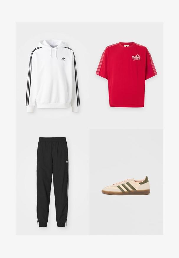 Biely mikina s predným vreckom, kapucňou so šnúrkou a čiernym logom Adidas. Obsahuje čierne pruhy pozdĺž rukávov. Mäkký materiál.; Červené tričko Adidas s krátkym rukávom, bielym logom a futbalovou grafikou na ľavej strane hrudníka a tromi bielymi pruhmi na každom rukáve.; Čierne športové nohavice s elastickým pásom a manžetami, s bielymi bočnými pruhmi a malým bielym logom Adidas na ľavom boku.; Nízky béžový tenisky Adidas Spezial so zelenými pruhmi, gumovou podrážkou a nápisom „SPEZIAL“ na boku, zobrazené z vonkajšej strany.