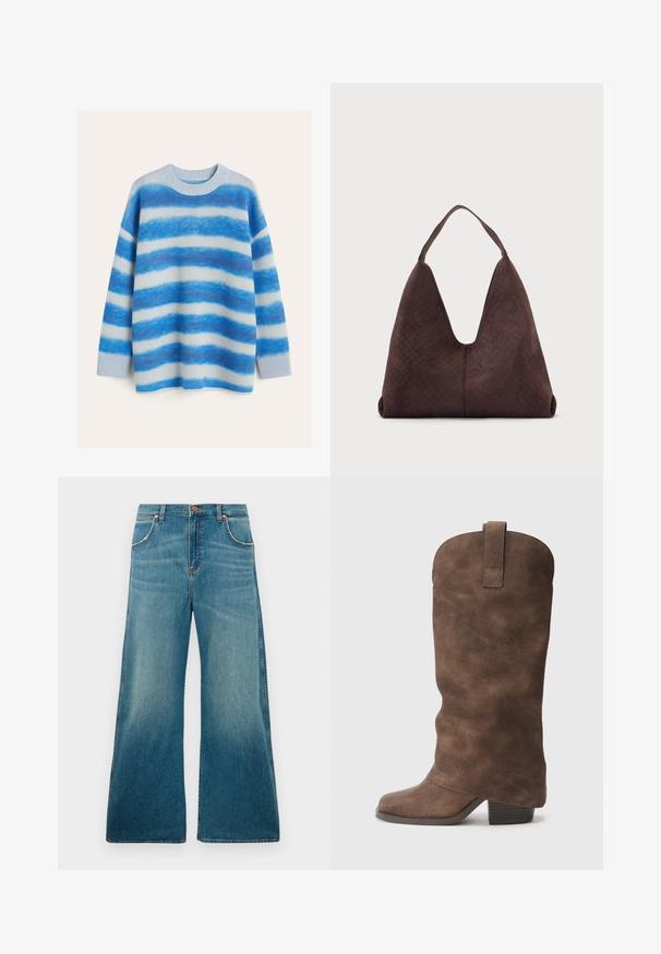 Pull rayé bleu et blanc avec un col rond, coupe ample, tissu texturé et finitions côtelées aux manches et à l'ourlet.; Jeans en denim bleu taille haute avec jambes larges, poches avant, fermeture à bouton et dégradé de couleur usé allant de la taille à l'ourlet.; Bottes synthétiques marron montantes avec un bout arrondi et un talon bloc, présentant une finition lisse et un tirant en haut.; Grand sac à main en cuir marron avec une texture tissée et une seule bandoulière, présenté sur un fond clair uni.