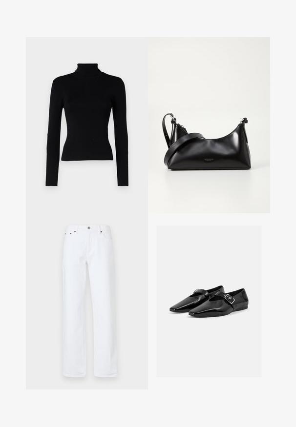 JDY CIRKELINE ROLL NECK - Pullover - black; Des jeans en denim blanc présentent une coupe décontractée avec une jambe droite, un design à cinq poches, une fermeture à bouton à l'avant et des rivets de couleur cuivrée.; Paire de chaussures plates en cuir verni noir à bouts pointus avec une bride à boucle sur le dessus, montrée sur un fond clair uni.; Sac à main en cuir noir avec une texture lisse. Dispose d'une bandoulière adjustable et d'un design élégant et minimaliste avec une fermeture éclair.