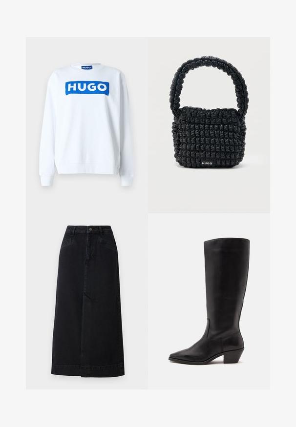 Witte sweatshirt van een katoenmix met een blauw "HUGO" logo aan de voorkant, ronde halslijn en ribgebreide manchetten en onderkant.; Zwarte denim midi-rok met een rechte snit, knopen aan de voorkant en zijzakken met subtiele stikseldetails.; Zwarte leren laars tot half op de kuit met een puntige neus en een lage schuine hak op een effen lichte achtergrond.; Kleine zwarte gewatteerde handtas met korte, gewatteerde handgreep en "HUGO"-label aan de voorkant, afgebeeld tegen een effen lichte achtergrond.