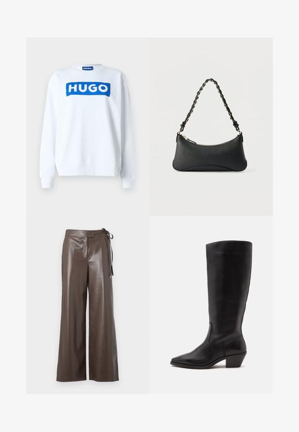 Witte sweatshirt van een katoenmix met een blauw "HUGO" logo aan de voorkant, ronde halslijn en ribgebreide manchetten en onderkant.; Bordeaux faux leren wijdere schoenen met hoge taille en zijstrikdetail op een witte achtergrond.; Zwarte leren laars tot half op de kuit met een puntige neus en een lage schuine hak op een effen lichte achtergrond.; Zwarte lederen schoudertas met een gebogen rechthoekige vorm, gouden ketting verweven in een gevlochten zwarte band, en een ritssluiting bovenop.