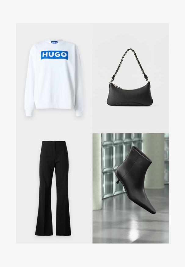 Weißer Sweatshirt aus Baumwollmischung mit einem blauen "HUGO"-Logo auf der Vorderseite, Rundhalsausschnitt und gerippten Bündchen und Saum.; Schwarze ausgestellte Hose aus glattem Stoff, mit hoher Taille, vorderen Bügelfalten und sauberem Saumabschluss.; Schwarzer Leder-Knöchelstiefel mit spitzer Spitze und kleinem Absatz vor einer Wand aus Glasbausteinen und einem polierten Boden.; Schwarze Lederschultertasche mit gewölbter rechteckiger Form, goldener Kette, die in den geflochtenen schwarzen Riemen eingewebt ist, und Reißverschlussverschluss oben.