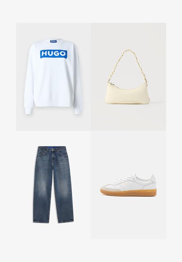 Witte sweatshirt van een katoenmix met een blauw "HUGO" logo aan de voorkant, ronde halslijn en ribgebreide manchetten en onderkant.; Blauwe denim jeans met een rechte pijp, voorzakken, riemlussen en lichte vervaging op de dijen en knieën tegen een witte achtergrond.; Witte leren sneaker met beige suède accenten, gumrubberen zool en vetersluiting. Heeft subtiele branding in goud.; Kleine handtas in crèmekleur met een gebogen vorm en gevlochten kettinghengsel in goudkleur, ritssluiting aan de bovenkant