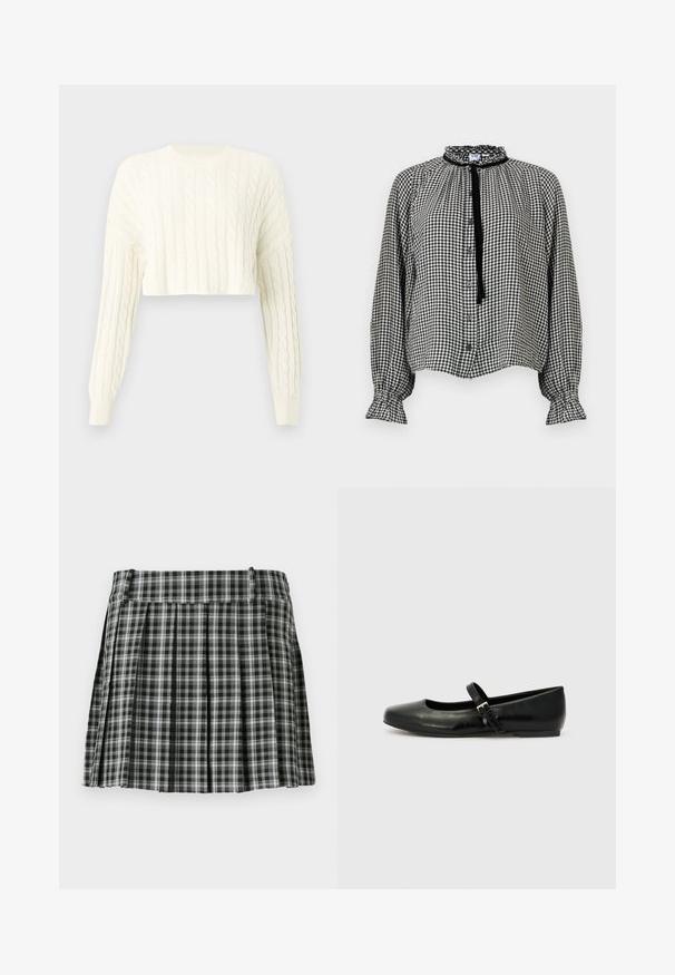 Pull en tricot torsadé crème, court, avec des manches longues et un col rond côtelé. Motif texturé tout au long et poignets ajustés.; Blouse à manches longues en vichy noir et blanc avec col et poignets à volants, boutonnage sur le devant, et un ruban noir noué au cou.; Jupe plissée à carreaux noir et blanc avec une taille lisse et de multiples plis verticaux. Fabriquée en tissu léger.; Ballerines en cuir noir avec un bout arrondi, une semelle plate et une fine sangle ajustable sur le cou-de-pied avec une boucle en métal.