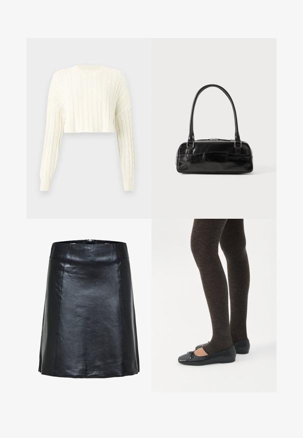Creme kabelstrikket cropped sweater med lange ærmer og ribbet rund hals. Tekstur mønster over det hele og tætsiddende manchetter.; Sort læder A-line nederdel med synlige sømme og en let glans, med høj talje og kort kant.; Ben iført mørke ribbede leggings kombineret med sorte balletsko med små sløjfedetaljer på hvid baggrund.; Sort læderhåndtaske med rektangulær form, der har et enkelt struktureret håndtag, sølvhardware og lynlås-lukning. Glat tekstur.