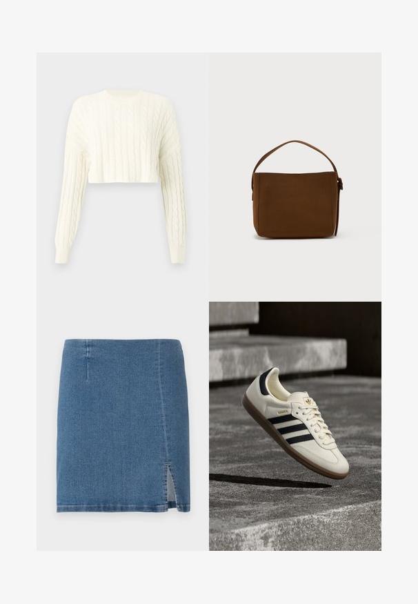 Pull en tricot torsadé crème, court, avec des manches longues et un col rond côtelé. Motif texturé tout au long et poignets ajustés.; Jupe en denim mini en bleu moyen, avec une coupe droite, une légère fente sur le côté et des coutures propres le long de l'ourlet et des coutures.; Baskets blanches Adidas Samba avec des bandes noires et une semelle en gomme, flottant au-dessus de marches en béton gris texturé.; Sac à épaule rectangulaire marron avec une large bandoulière et un détail de boucle, sur un fond blanc uni.