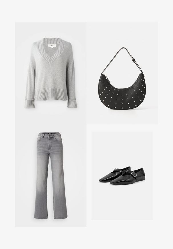 Sweater en mélange de laine tricoté gris clair avec col en V, poignets, ourlet et col côtelés, montrant des extrémités de manches repliées.; Jean en denim gris taille haute à jambes droites avec bouton et fermeture éclair à l'avant, poches avant et arrière, et décoloration sur les cuisses et les mollets.; Paire de chaussures plates en cuir verni noir à bouts pointus avec une bride à boucle sur le dessus, montrée sur un fond clair uni.; Sac à main en cuir noir avec une forme arrondie, orné de clous en argent, doté d'une fermeture éclair et d'une seule sangle ajustable.