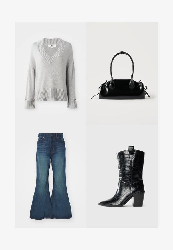 Sweater en mélange de laine tricoté gris clair avec col en V, poignets, ourlet et col côtelés, montrant des extrémités de manches repliées.; Jean en denim évasé de bleu moyen, présentant une taille haute, un design à cinq poches et des coutures contrastées. Texture lisse avec un léger délavage.; Botte western noire midi avec bouts pointus, talon carré, et texture en cuir verni gaufré crocodile sur fond blanc.; Petit sac à main noir brillant avec deux longues anses et des détails à cordon sur les côtés sur un fond clair uni.
