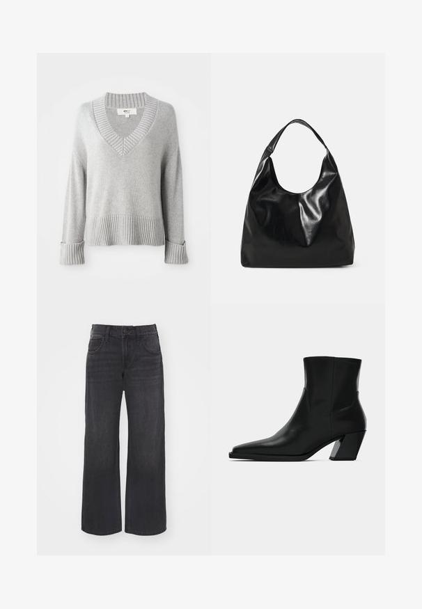 Sweater en mélange de laine tricoté gris clair avec col en V, poignets, ourlet et col côtelés, montrant des extrémités de manches repliées.; Jean en denim noir à jambes larges avec taille haute, fermeture à bouton et design à cinq poches, présentant une texture uniforme et une couleur foncée sur l'ensemble.; Bottine en cuir noir avec un bout pointu, une silhouette élégante et un talon carré massif. Texture lisse avec des détails de couture minimalistes.; Sac hobo en cuir noir avec une texture douce et brillante et un haut ouvert arrondi. Dispose d'une large sangle courbée pour le transport. Pas de matériel visible.