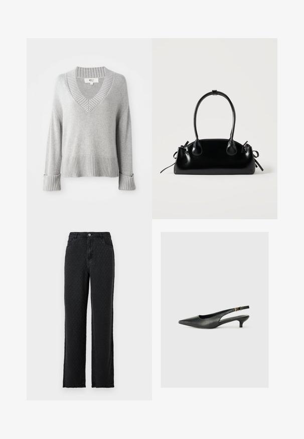 Hellgrauer Strickpullover aus Wollmischung mit V-Ausschnitt, gerippten Bündchen, Saum und Ausschnitt, der die gefalteten Ärmelsäume zeigt.; Schwarze, strukturierte Schlagjeans mit vorderen Taschen und einem Knopfverschluss auf einem einfarbigen Hintergrund.; Schwarzer Slingback-Schuh mit spitzem Zehenbereich aus glattem Leder. Mit einem dünnen Absatz und einer dekorativen Schnalle am verstellbaren Riemen.; Kleine schwarze glänzende Handtasche mit zwei langen Griffen und seitlichen Kordelzug-Details vor einfachem hellem Hintergrund.