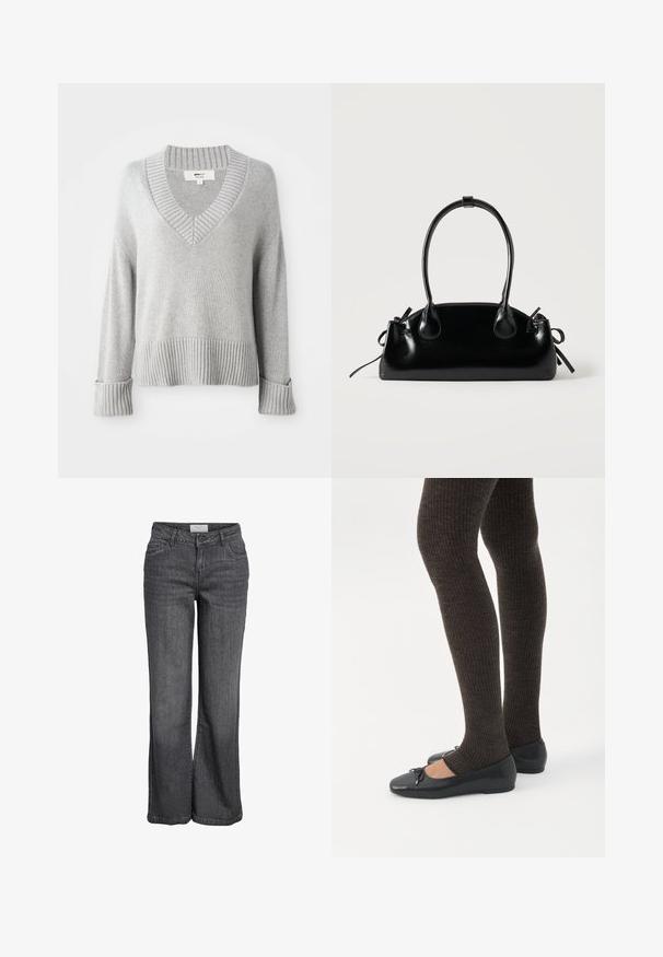 Sweater en mélange de laine tricoté gris clair avec col en V, poignets, ourlet et col côtelés, montrant des extrémités de manches repliées.; Jean large en denim gris foncé. Caractéristiques : taille haute, design traditionnel à cinq poches et ourlet net sans embellissements.; Jambes portant des leggings côtelés foncés associés à des ballerines noires avec de petits détails en nœud sur fond blanc.; Petit sac à main noir brillant avec deux longues anses et des détails à cordon sur les côtés sur un fond clair uni.