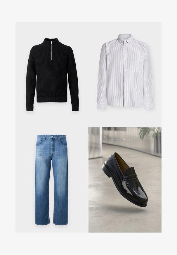 Pull en tricot noir avec un col montant et une demi-fermeture éclair. Motif en gaufrage en nid d'abeille, poignets ajustés et ourlet inférieur.; Chemise à manches longues blanche avec fines rayures verticales grises, col boutonné, poche poitrine simple et manches à revers. Tissu en coton.; Jean en denim bleu droit avec poches avant, passants pour ceinture, fermeture à boutons et zones légèrement décolorées sur les cuisses et les genoux.; Mocassin en cuir verni noir avec un accent cousu, bout rond, petit talon et surface lisse, présenté sur un fond neutre.