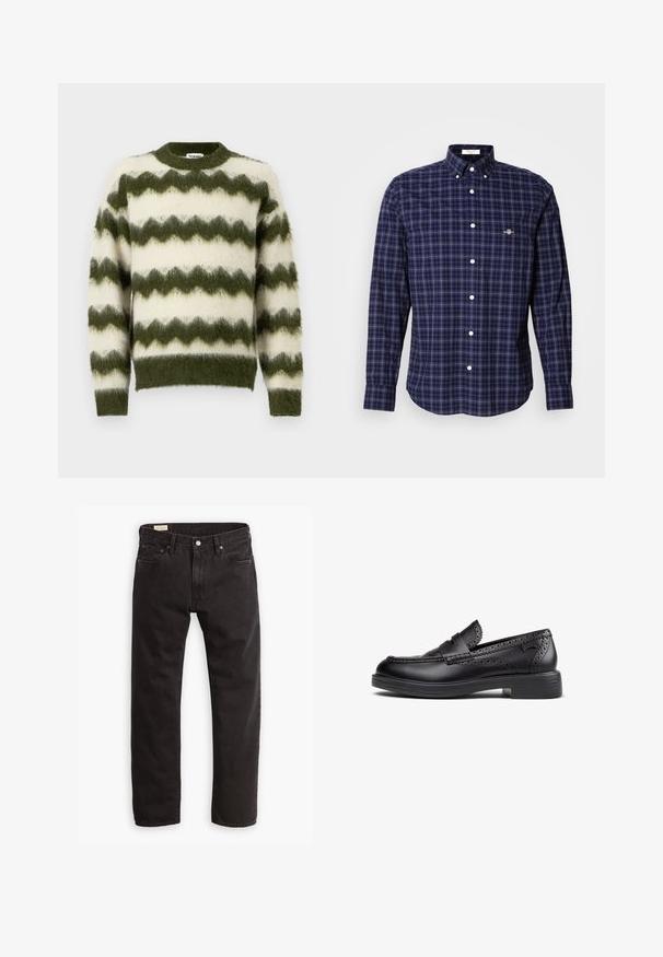 Jersey de rayas en zigzag verde y blanco, hecho de un material suave y esponjoso, con un cuello redondo y puños acanalados.; Camisa de hombre de manga larga con botones, de patrón cuadrado en azul marino, negro y blanco, con cuello abotonado y logo en el lado izquierdo del pecho.; Jeans de denim negro con corte recto, que presentan un diseño clásico de cinco bolsillos, costuras sutiles y cierre de botón metálico.; Mocasines negros de cuero con detalles brogue, tacón bajo y ancho, y puntera redondeada. Textura lisa con acentos perforados y logo lateral.