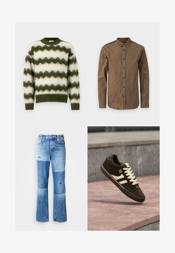 Grüner und weißer Pullover mit Zickzackmuster aus weichem, flauschigem Material. Er hat einen runden Halsausschnitt und gerippte Bündchen.; Braune, knöpfbare Hemd aus strukturiertem Stoff mit einem Kentkragen und langen Ärmeln mit geknöpften Manschetten. Sieben vordere Knöpfe.; Blaue Jeans mit Schlag im Patchwork-Design, die hellere und dunklere Töne, abgenutzte Details und den traditionellen Fünf-Taschen-Stil aufweisen.; Brauner und beiger Skateschuh mit weißen Schnürsenkeln, schwarzer Sohle und Globe-Logo, das über einer rosa Betonfläche schwebt.