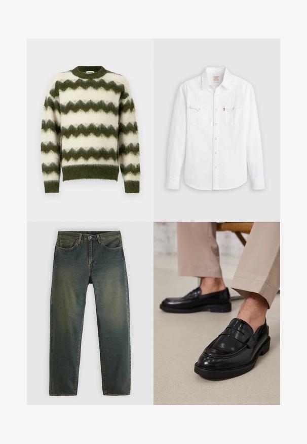 Grøn og hvid zigzag-mønstret sweater lavet af blødt, fluffy materiale med rund halsudskæring og ribbede manchetter.; Hvid langærmet skjorte med knapper, spids krave, to brystlommer med klapper og trykknapper foran og ved manchetterne.; Mørkegrønne denimjeans med fem-lommer design, knaplukning og lige ben, vist på en ensartet lys baggrund.; Sorte lædermokkasiner med en glat overflade, der har en dekorativ rem og kontraststing, parret med beige bukser.
