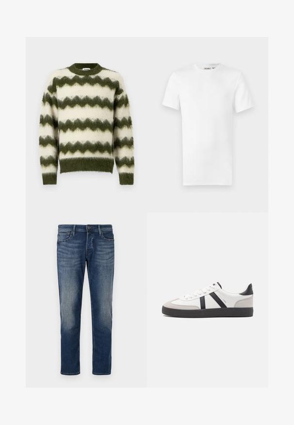 Groene en witte zigzag-gepatroneerde trui, gemaakt van zacht, fluffy materiaal met een ronde halslijn en geribde manchetten.; Effen wit T-shirt met korte mouwen en een ronde hals, met een klein merklintje aan de binnenkant van de kraag, weergegeven op een witte achtergrond.; Donkerblauwe spijkerbroek met een klassieke pasvorm, vijf zakken, subtiele vervaging op de dijen en een rechte pijp. Metalen knoopsluiting.; Witte sneaker met zwarte en grijze accenten, voorzien van een grijze neus met textuur, zwarte rubberen zool en platte witte veters. Schoon ontwerp, minimalistische stijl.